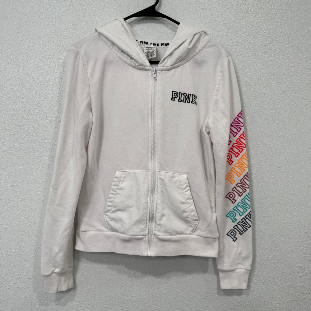 Victoria's Secret PINK White Zip Up Hoodie Rainbow Sleeve Logo Size S